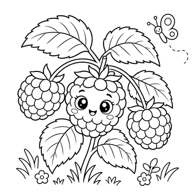 Ausmalbild: Lächelnde Himbeere und Schmetterling