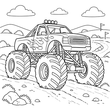 Monster truck sur une piste en terre dans les collines