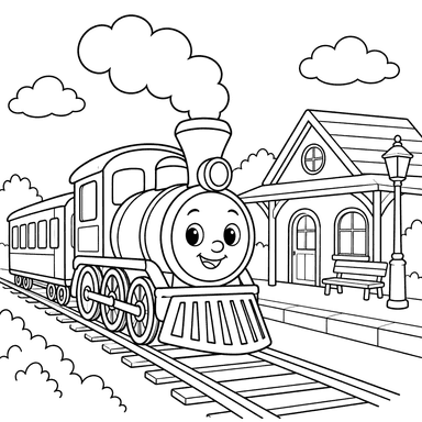 Desenho para colorir de trem a vapor na estação