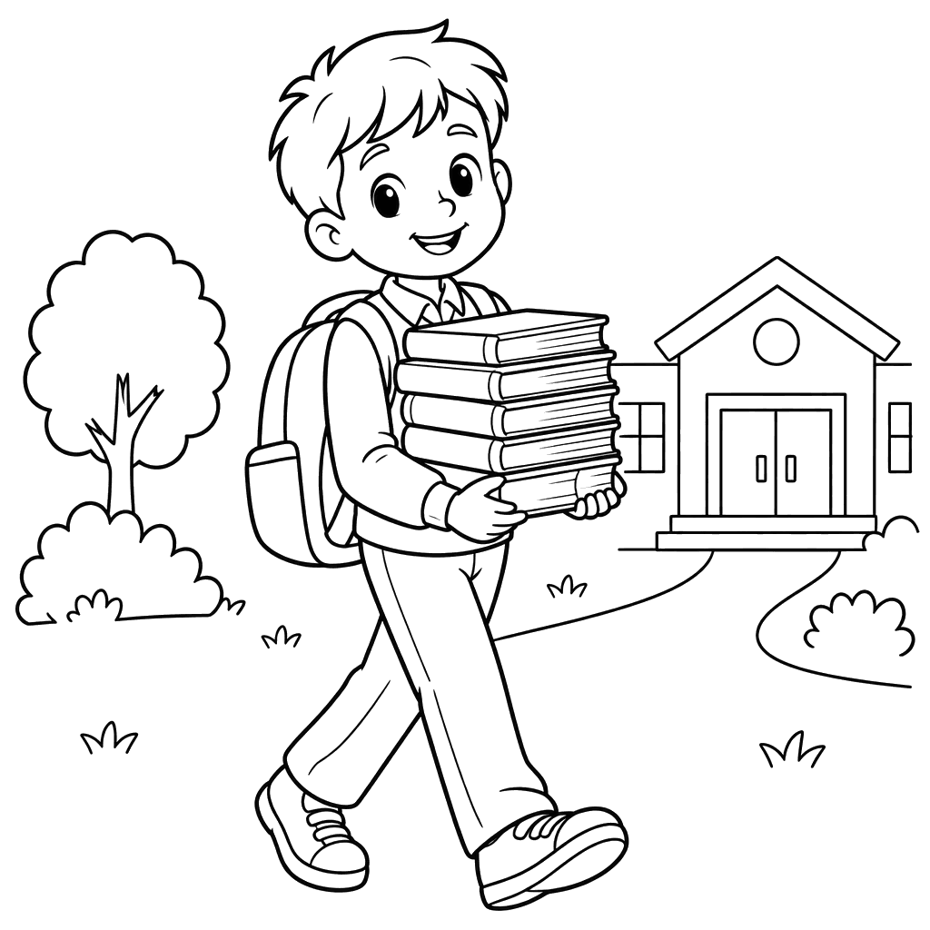 Ausmalbild: Schüler mit Schulbüchern