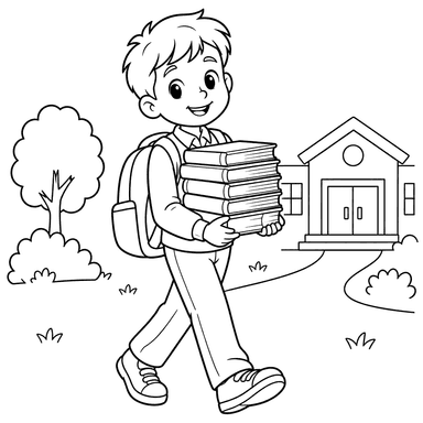 Coloriage : écolier avec des manuels
