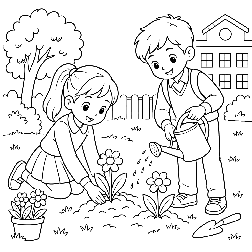 Página para colorir de alunos plantando flores