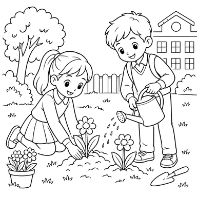 Ausmalbild: Schulkinder pflanzen Blumen