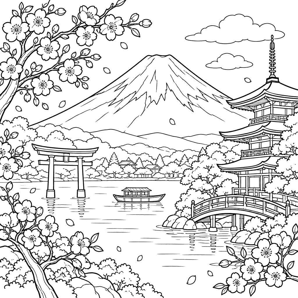 Mount Fuji and Cherry Blossoms Coloring Page