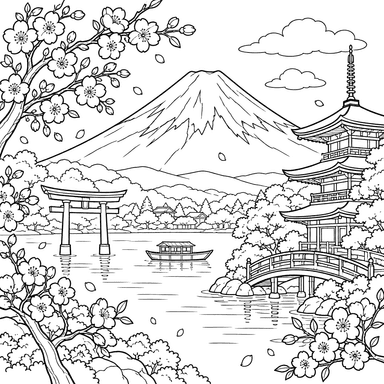 Ausmalbild: Fuji und Kirschblüten