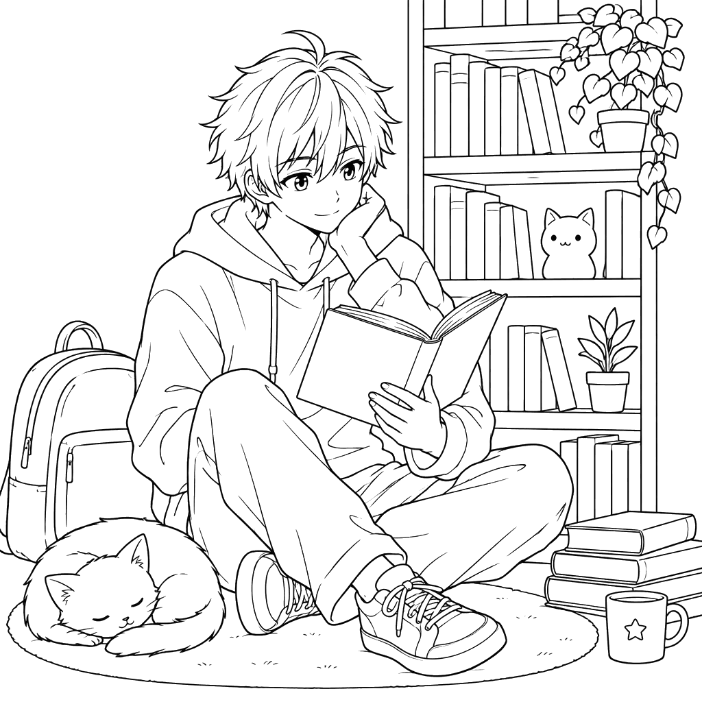 Menino de anime com livro aberto e gato dormindo