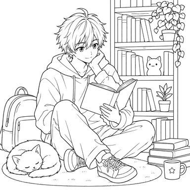 Menino de anime com livro aberto e gato dormindo