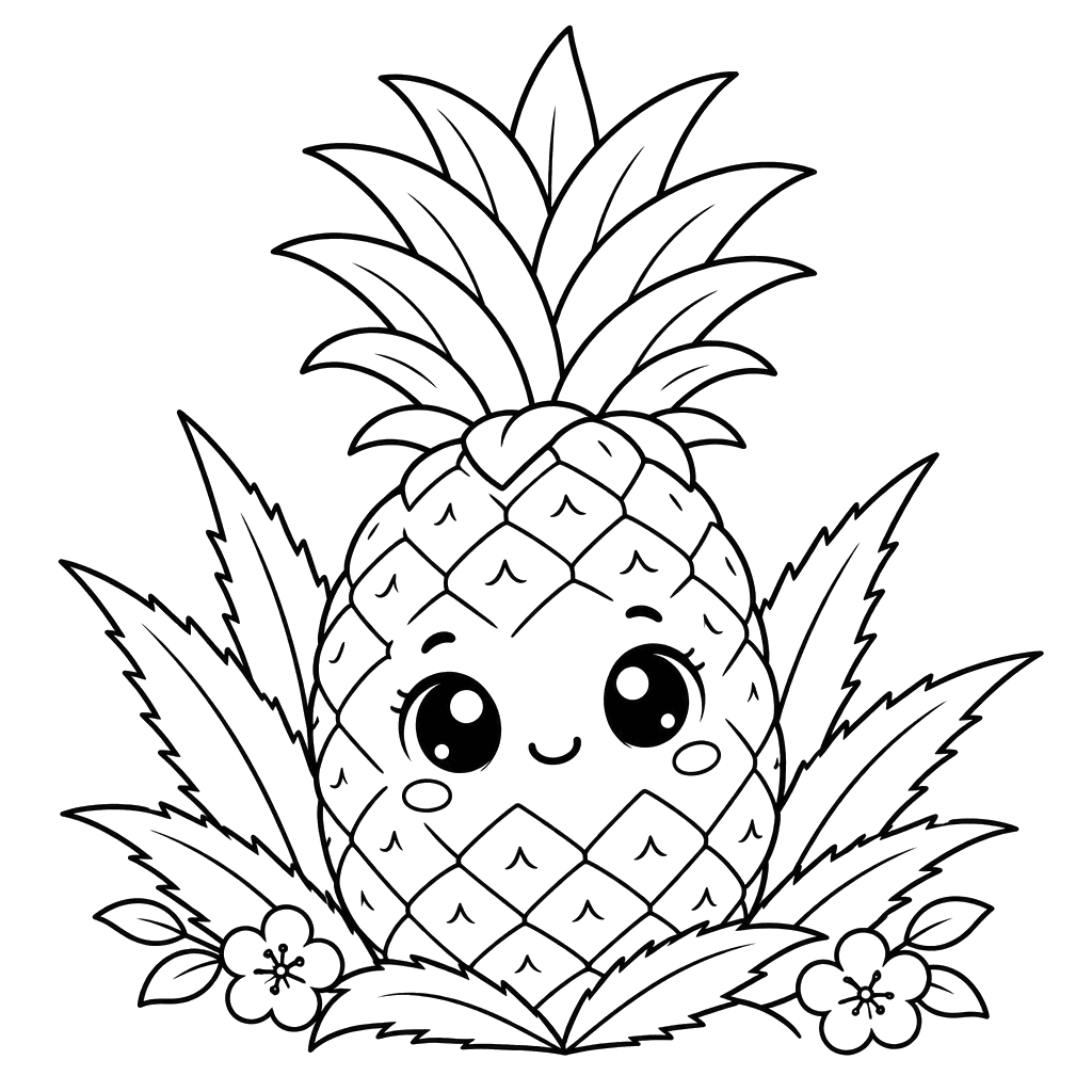Dibujo de piña tierna con flores para colorear