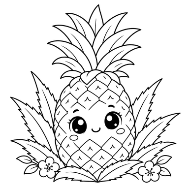 Desenho de abacaxi fofo com flores para colorir