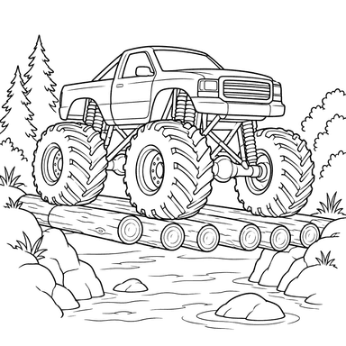Monstertruck auf einer Holzbrücke – Ausmalbild