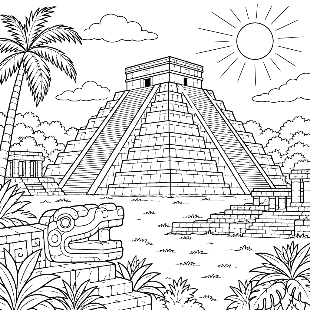 Chichén Itzá unter der Sonne in Mexiko – Ausmalbild