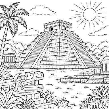 Chichén Itzá unter der Sonne in Mexiko – Ausmalbild