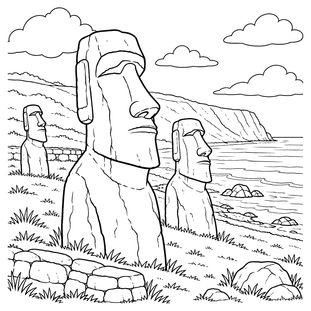 Ausmalbild: Drei Moai auf der Osterinsel, Chile