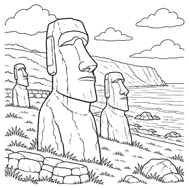 Ausmalbild: Drei Moai auf der Osterinsel, Chile
