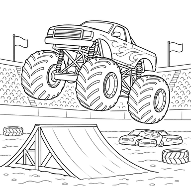 Desenho para colorir de monster truck e rampa