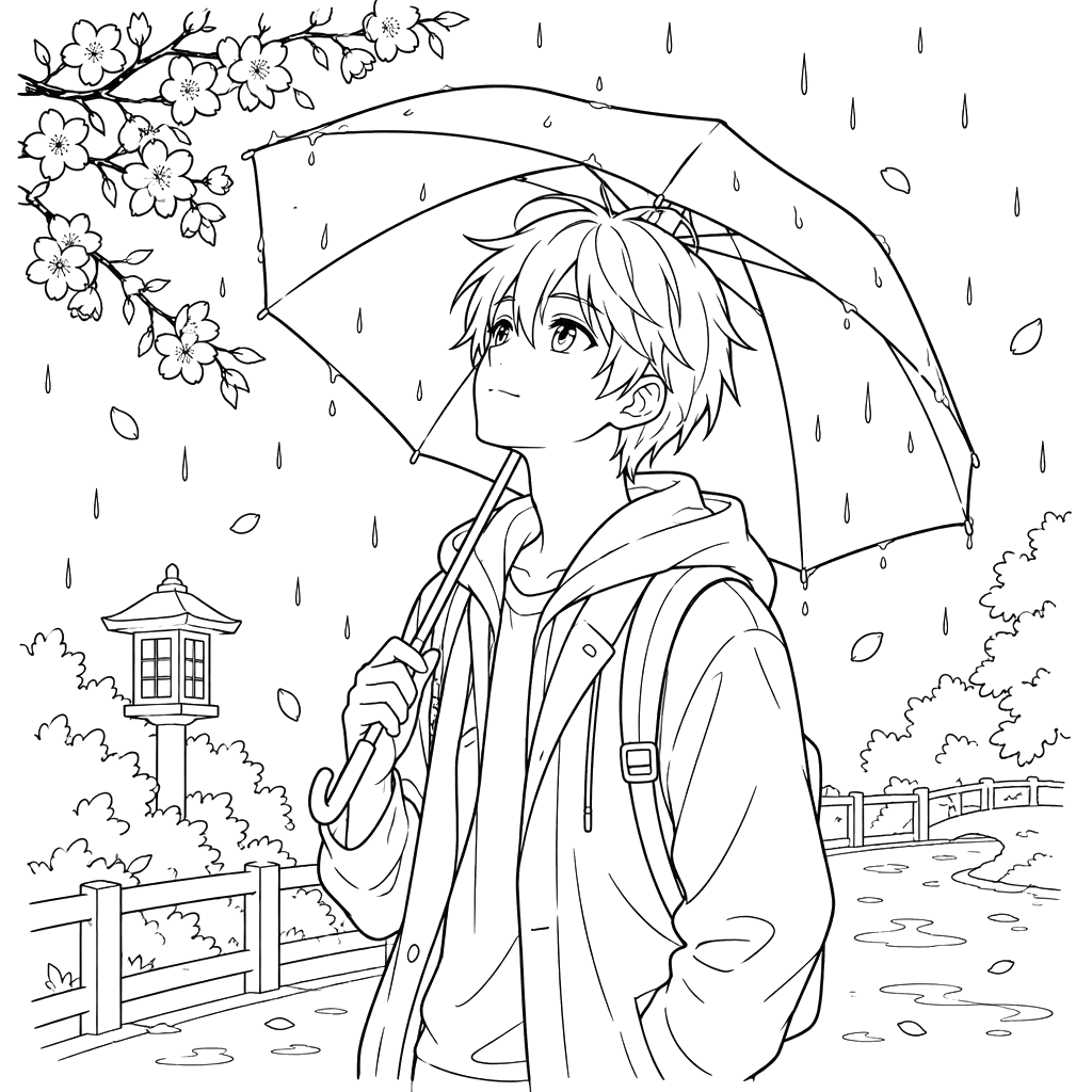 Menino de anime com guarda-chuva na chuva