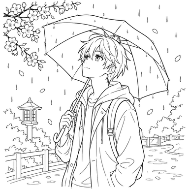 Garçon d’anime avec un parapluie sous la pluie