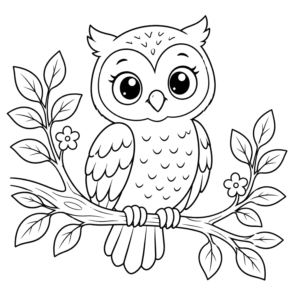 Desenho para colorir de coruja em galho florido