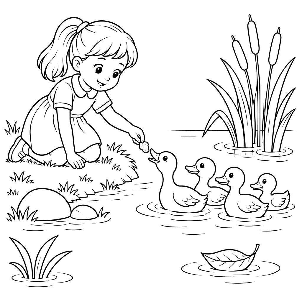 Menina alimentando patos no lago