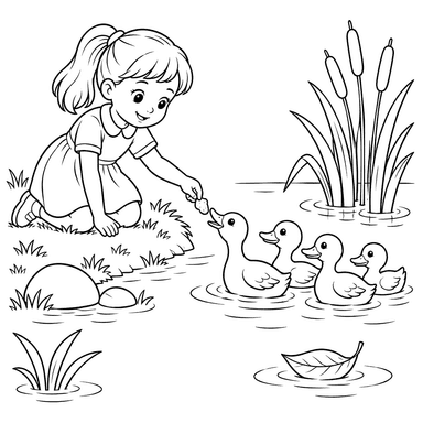 Fille nourrissant des canards à l’étang