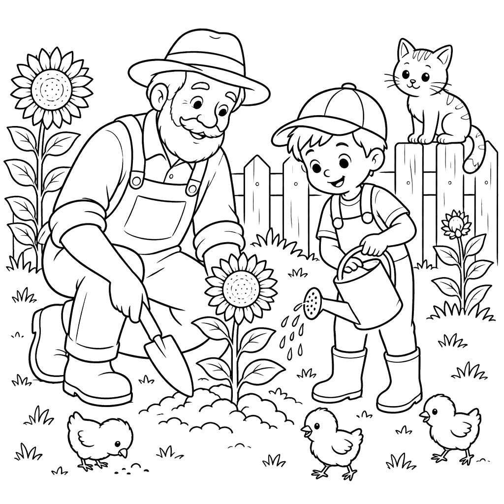 Grandpa and Boy Planting Sunflowers