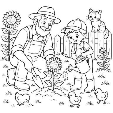 Grandpa and Boy Planting Sunflowers