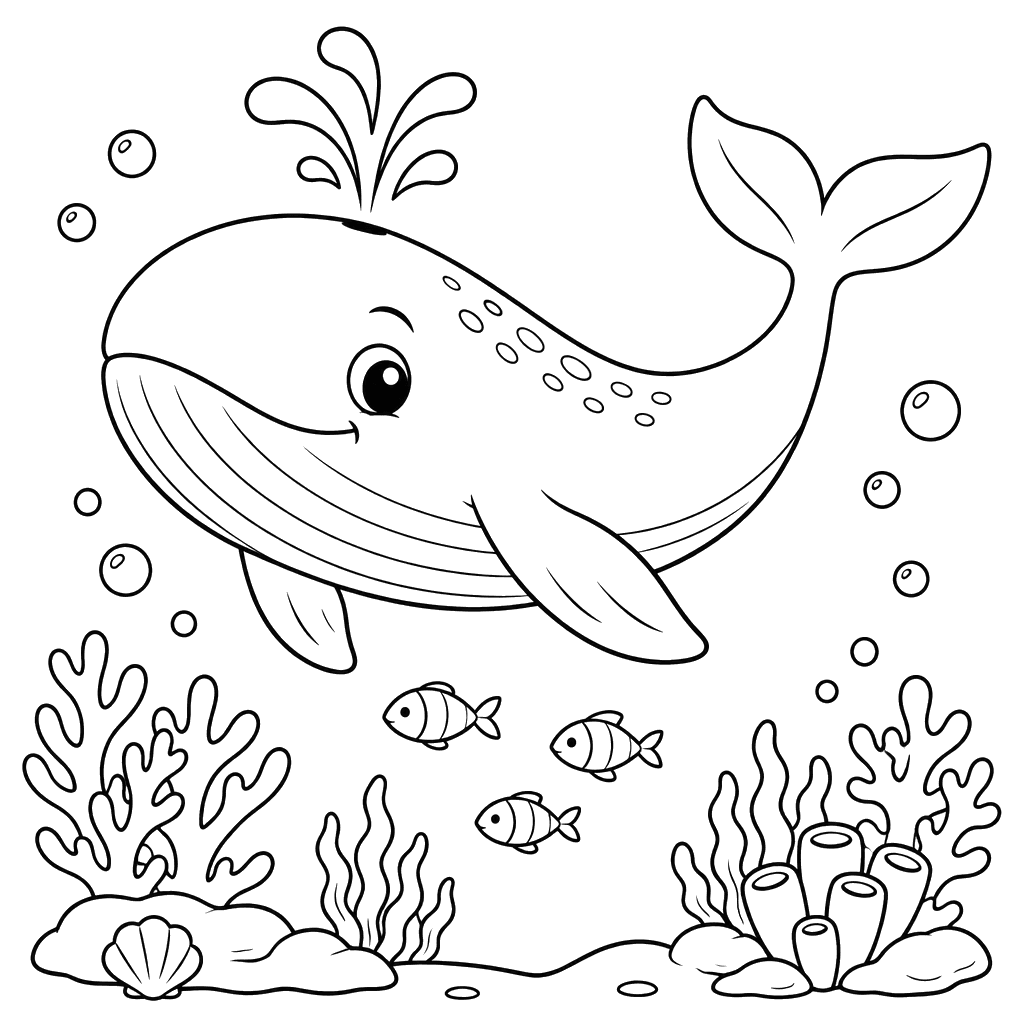 Desenho para colorir de baleia sobre recife