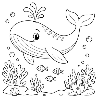 Desenho para colorir de baleia sobre recife