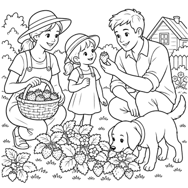 Ausmalbild: Familie beim Erdbeerpflücken
