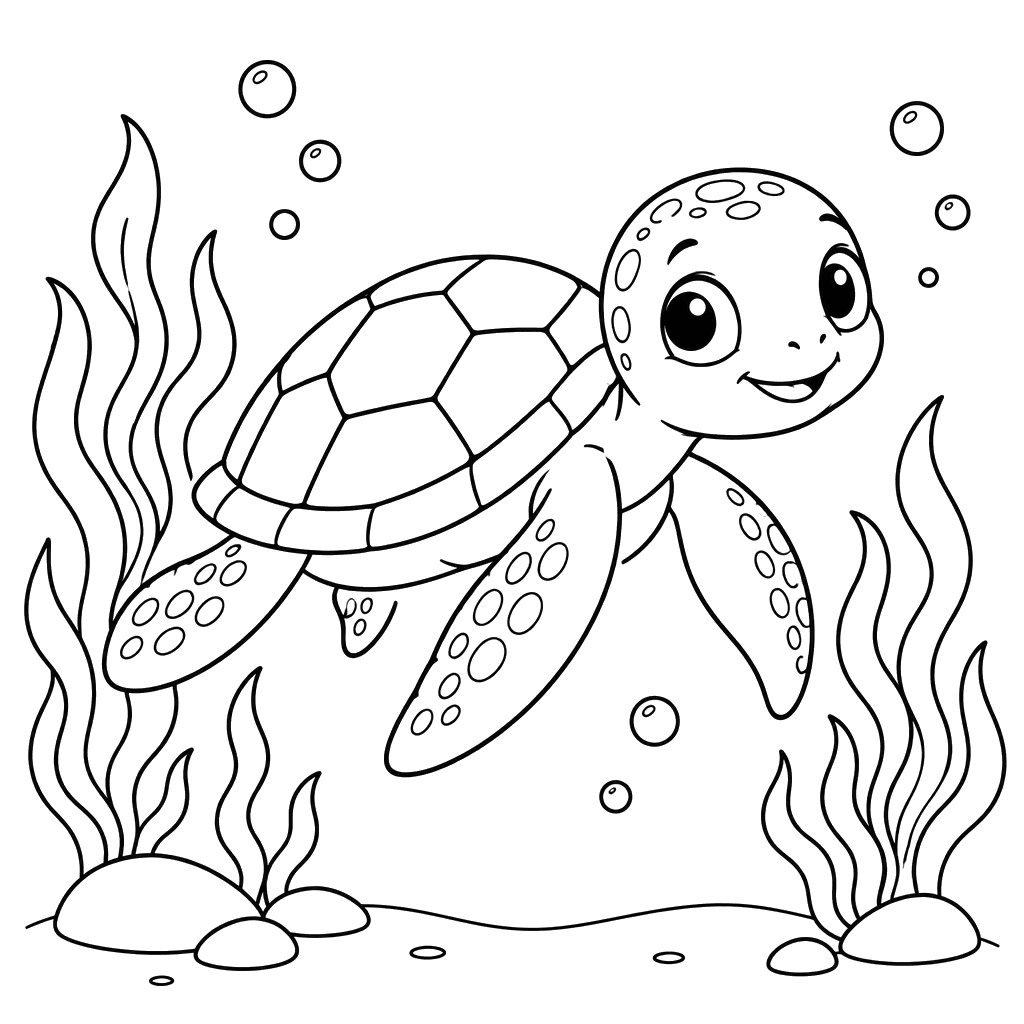 Desenho de tartaruga-marinha entre algas