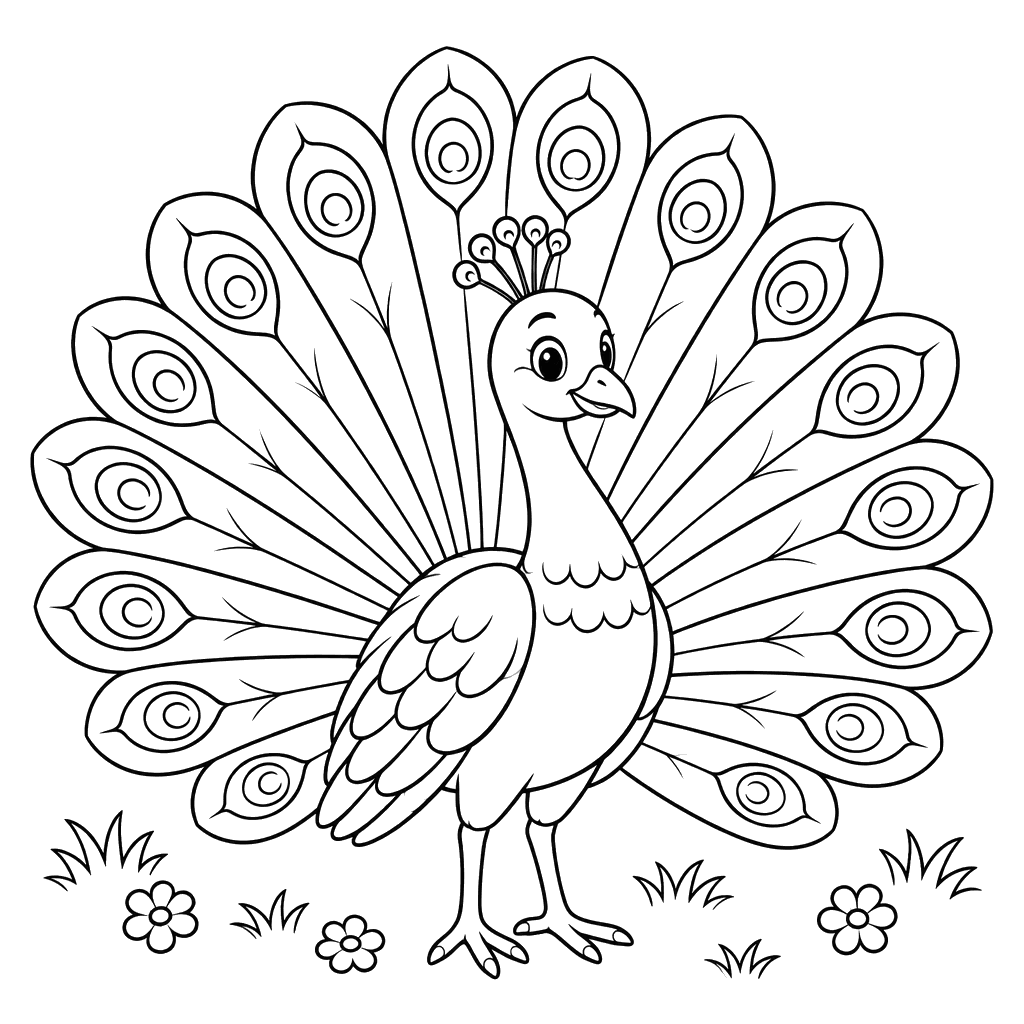 Desenho de pavão com cauda aberta para colorir