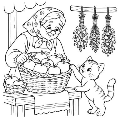 Ausmalbild: Oma, Äpfel und Kätzchen