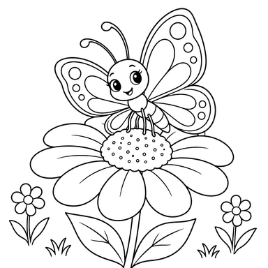 Ausmalbild: Schmetterling auf großer Blüte