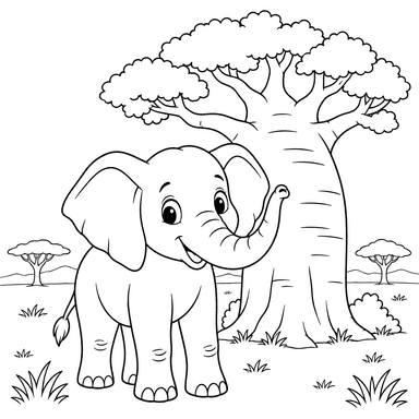 Elefant am Baobab in der Savanne