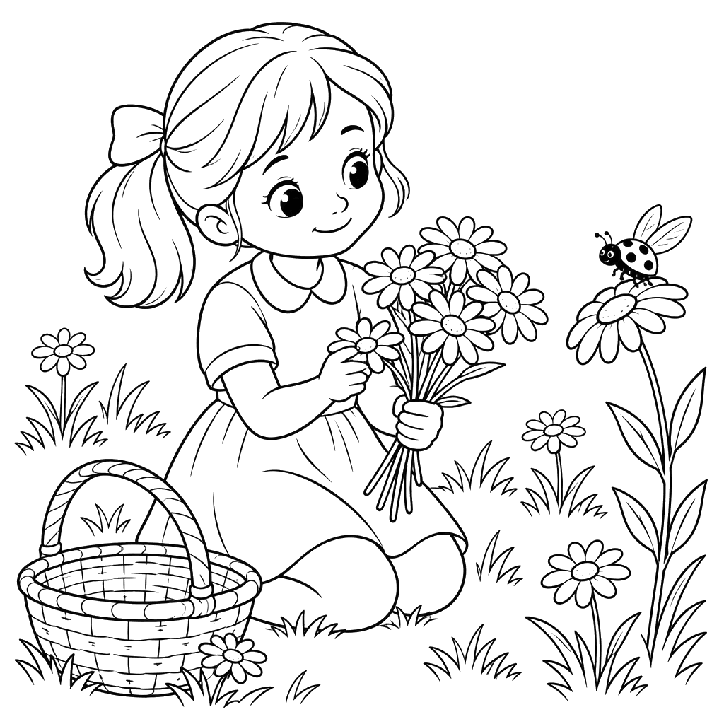 Desenho de menina com margaridas para colorir