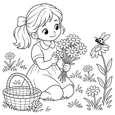 Mädchen mit Gänseblümchen – Ausmalbild