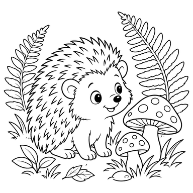 Hedgehog with Mushrooms and Ferns