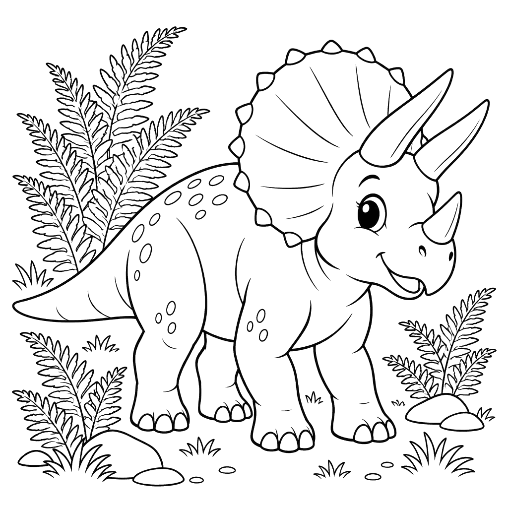 Triceratops zwischen Farnen – Ausmalbild