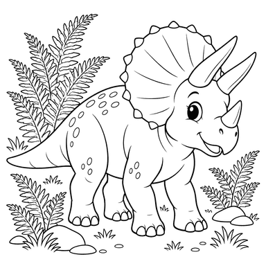 Dibujo para colorear de triceratops entre helechos