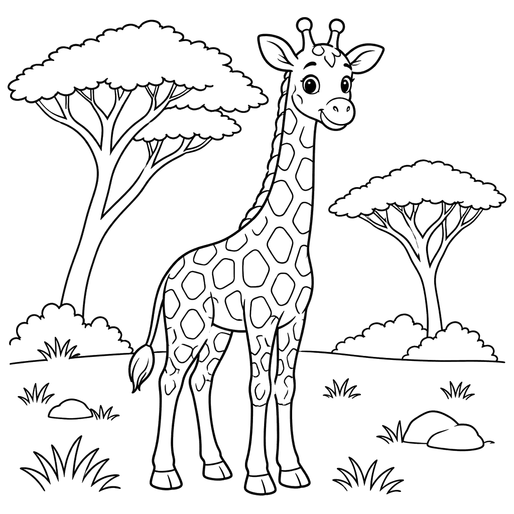 Desenho de girafa entre acácias para colorir