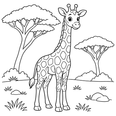 Giraffe zwischen Akazien – Ausmalbild