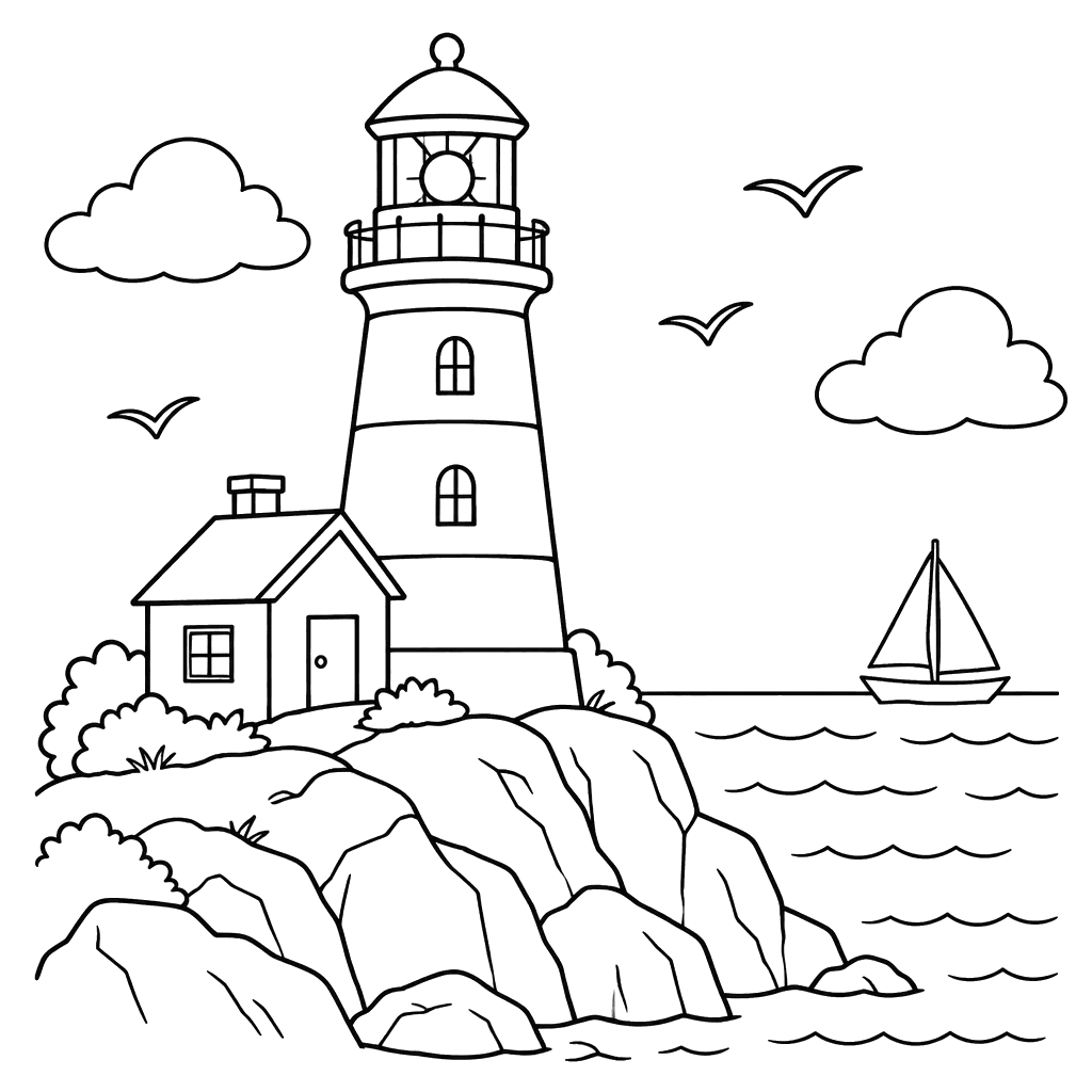 Desenho para colorir de farol na costa rochosa