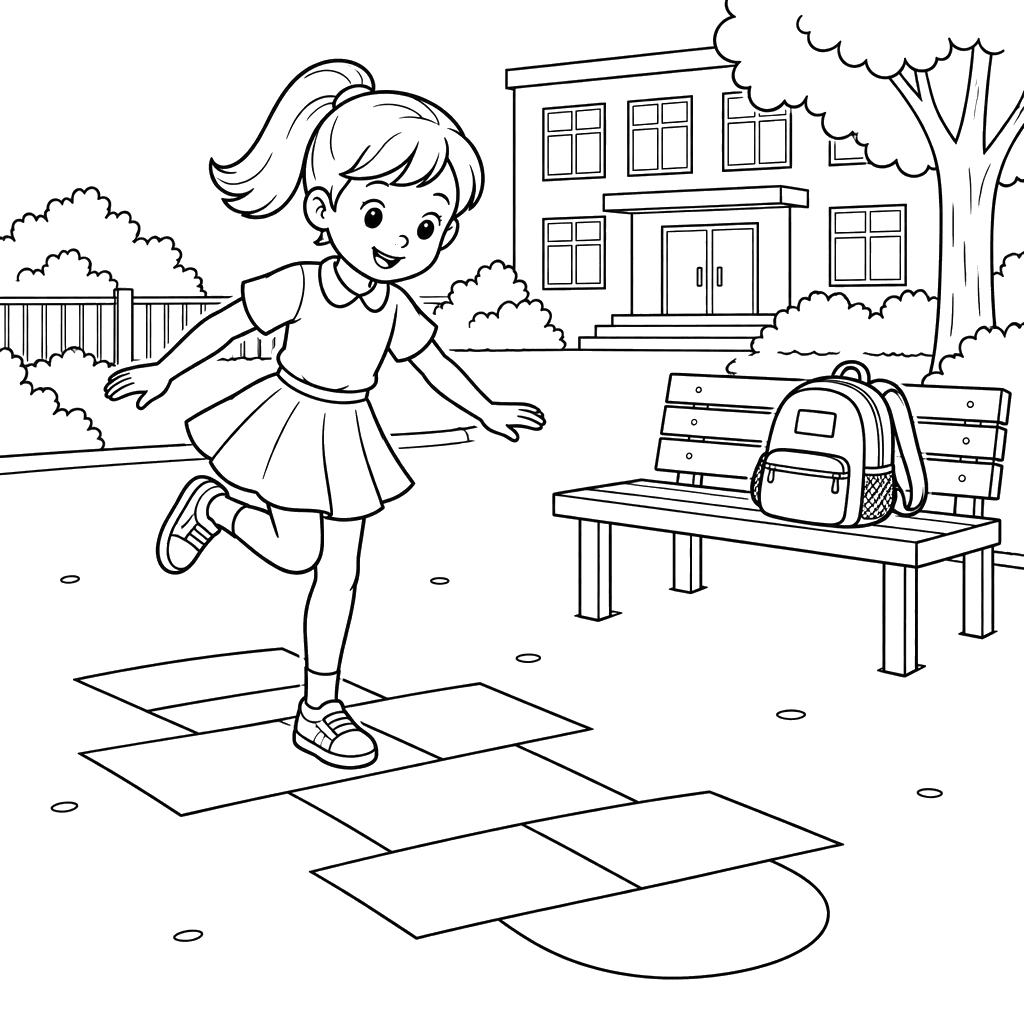 Fille jouant à la marelle dans la cour d’école
