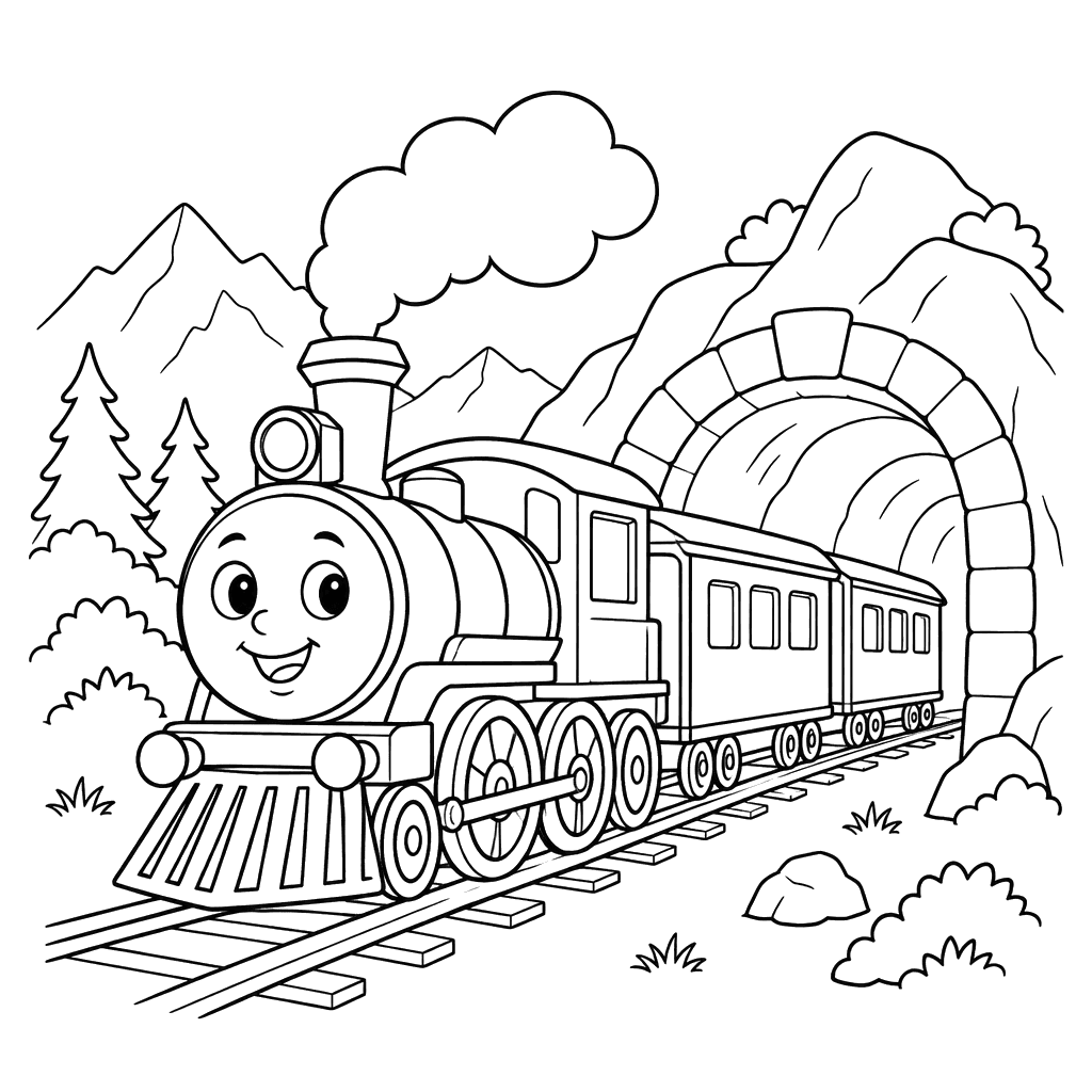 Trem a vapor junto a um túnel na montanha