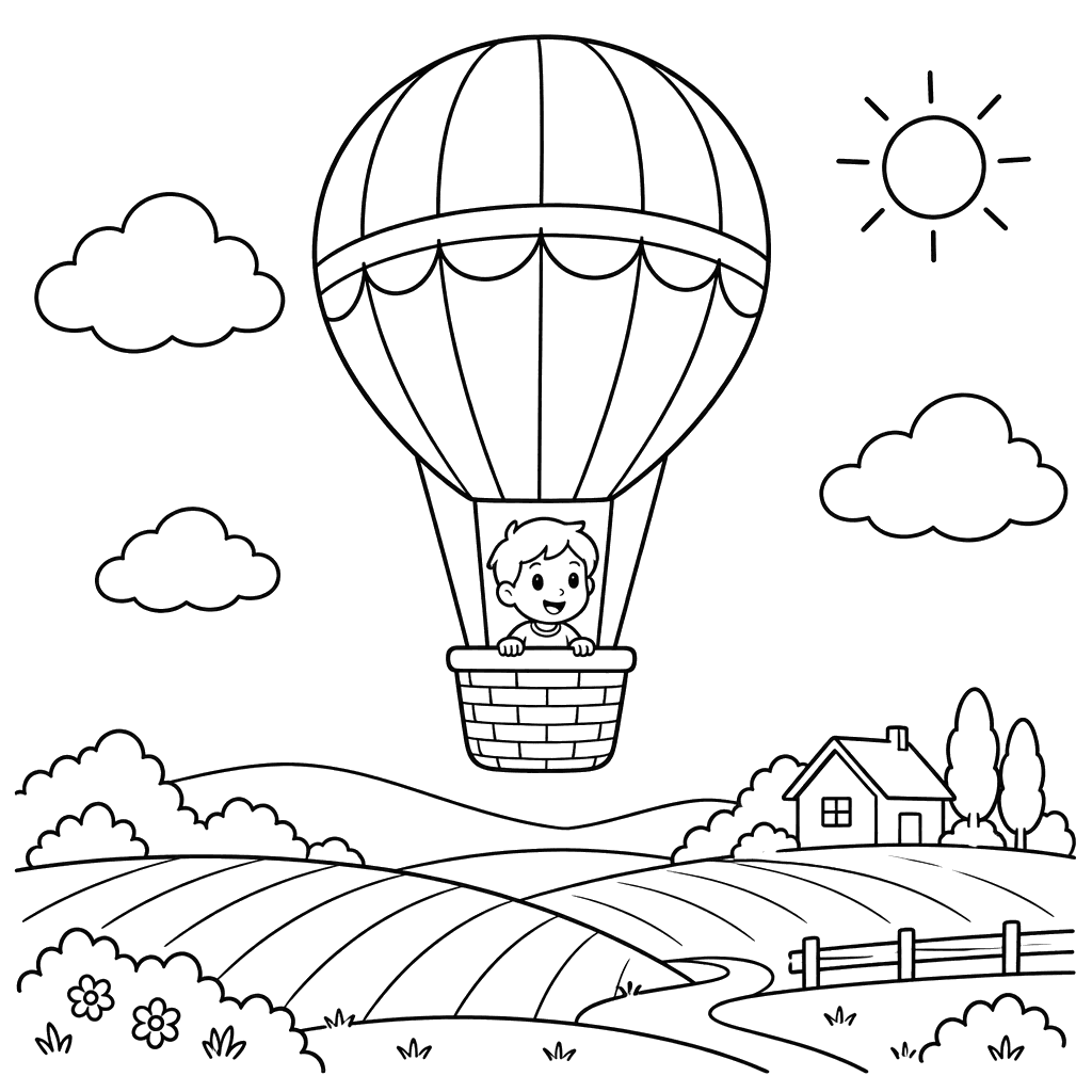 Globo aerostático sobre campos para colorear