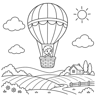 Heißluftballon über Feldern – Ausmalbild