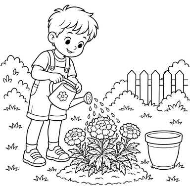 Garçon arrosant des soucis au jardin