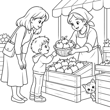Garçon et sa mère choisissant des pommes