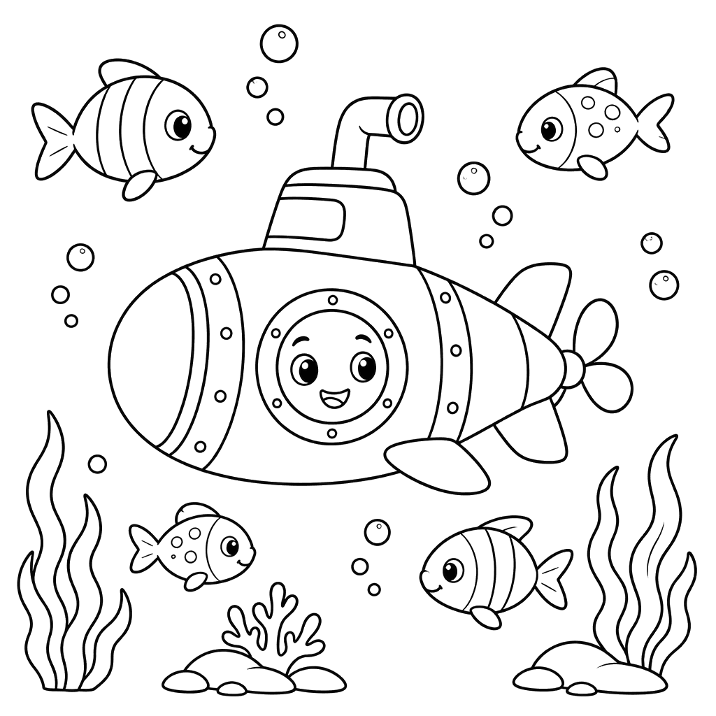 Desenho de submarino entre peixes para colorir