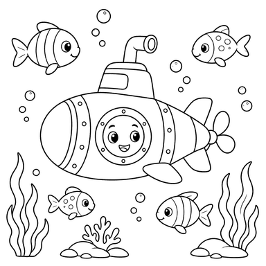 U-Boot zwischen Fischen – Ausmalbild